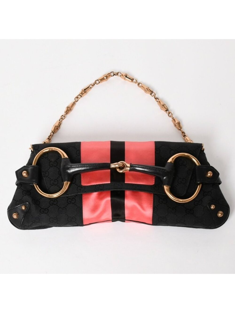 Gucci Horsebit Chain Clutch Shoulder Bag GG Canvas Silk Bamboo Black Pink Gold